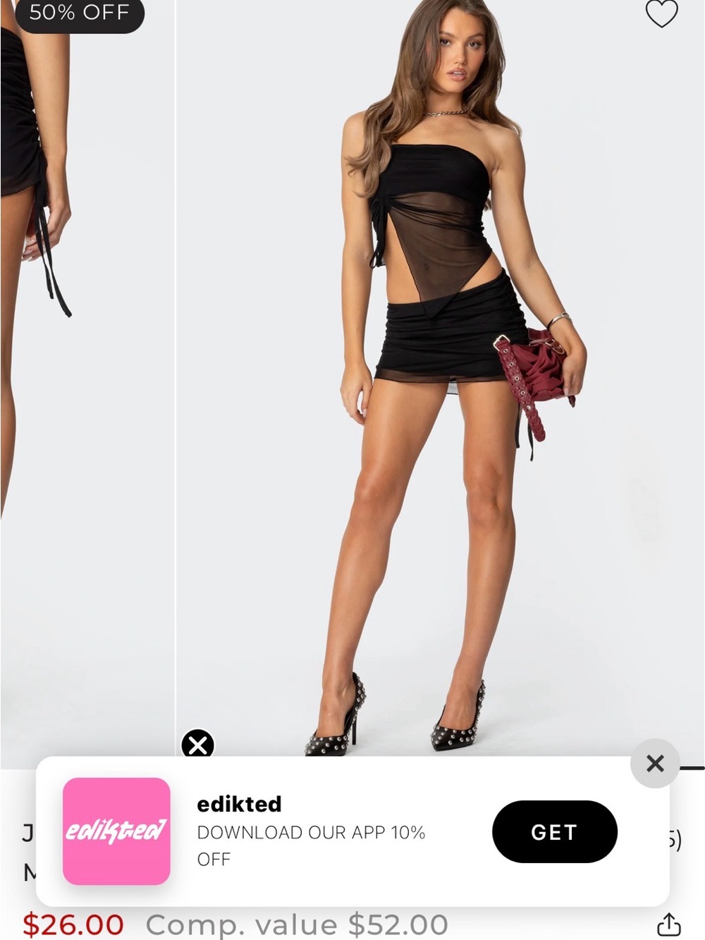 Edikted Joy Sheer Mesh Drawstring Mini Skirt and Joy Asymmetric Sheer Tube Top